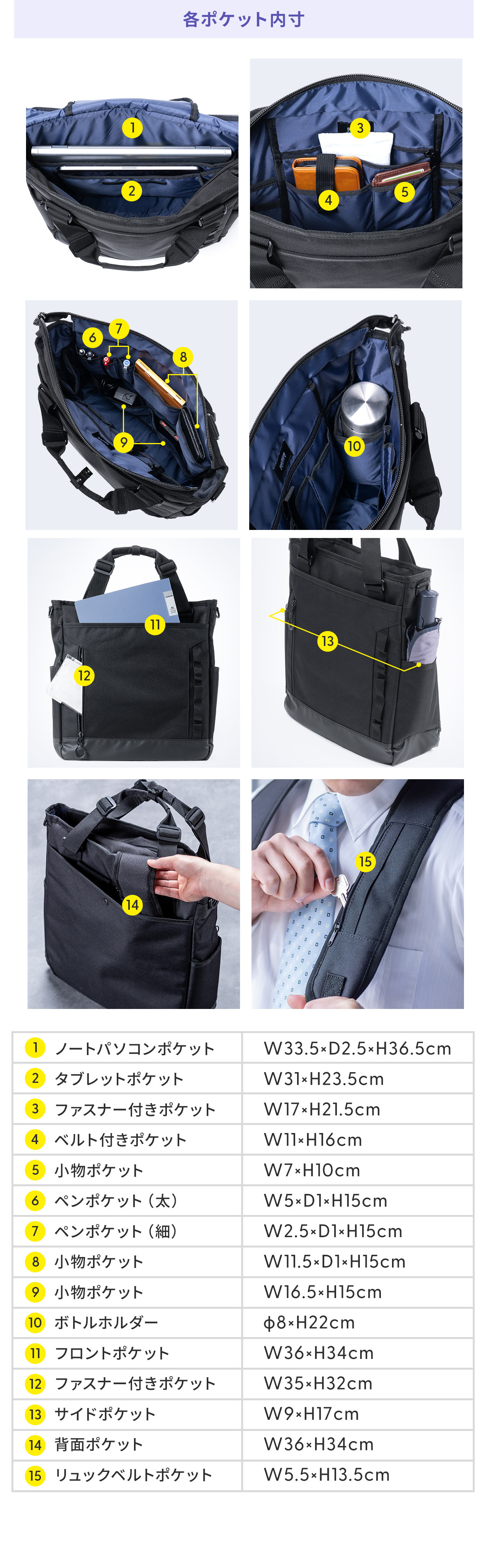 各ポケット内寸は、ノートパソコンポケット、W34×D2.5×H36cm、タブレットポケット、W31×H23.5cm、ファスナー付きポケット、W17×H21.5cm、ベルト付きポケット、W11×H16cm、小物ポケット、W7×H10cm、ペンポケット（太）、W5×D1×H15cm、ペンポケット（細）、W2.5×D1×H15cm、小物ポケット、W11.5×D1×H15cm、小物ポケット、W16.5×H15cm、ボトルポケット、φ8×H22cm、フロントポケット、W36×H34cm、ファスナー付きポケット、W35×H32cm、サイドポケット、W9×H17cm、背面ポケット、W36×H34cm、ショルダーベルトポケット、W5.5×H13.5cmです。