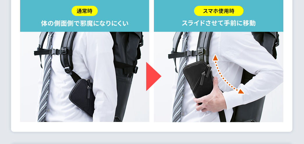 体の側面で邪魔になりにくい スライドさせて