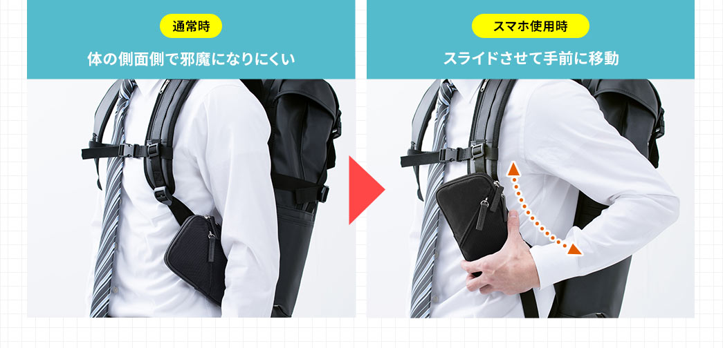 体の側面側で邪魔になりにくい スライドさせて手前に移動