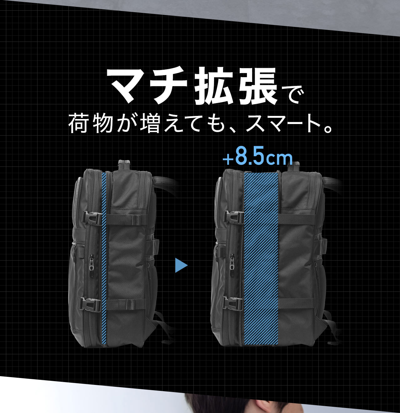 ＋8.5cmのマチ拡張で、荷物が増えてもスマート。