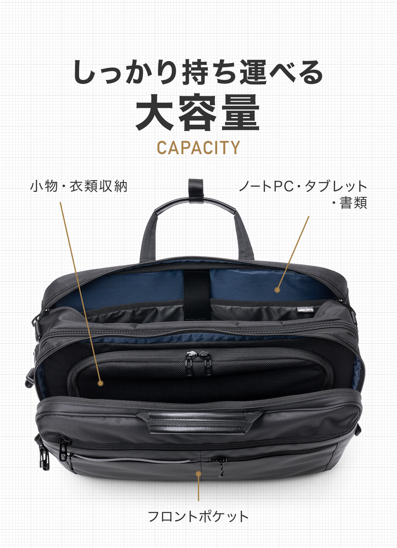フロントポケット付きで、ノートPC、タブレット、小物、衣類収納などが、しっかり持ち運べる大容量。