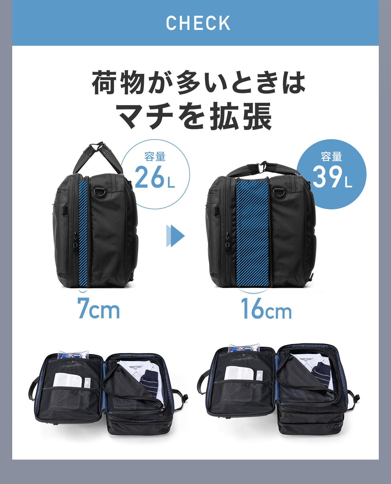CHECK、荷物が多いときは、マチを拡張でき、容量26Lから39Lに拡張できます。