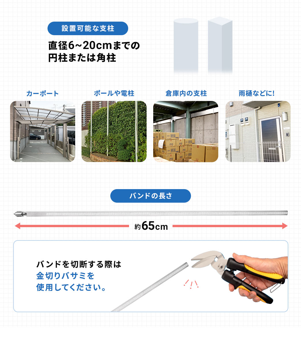 設置可能な支柱 バンドの長さ