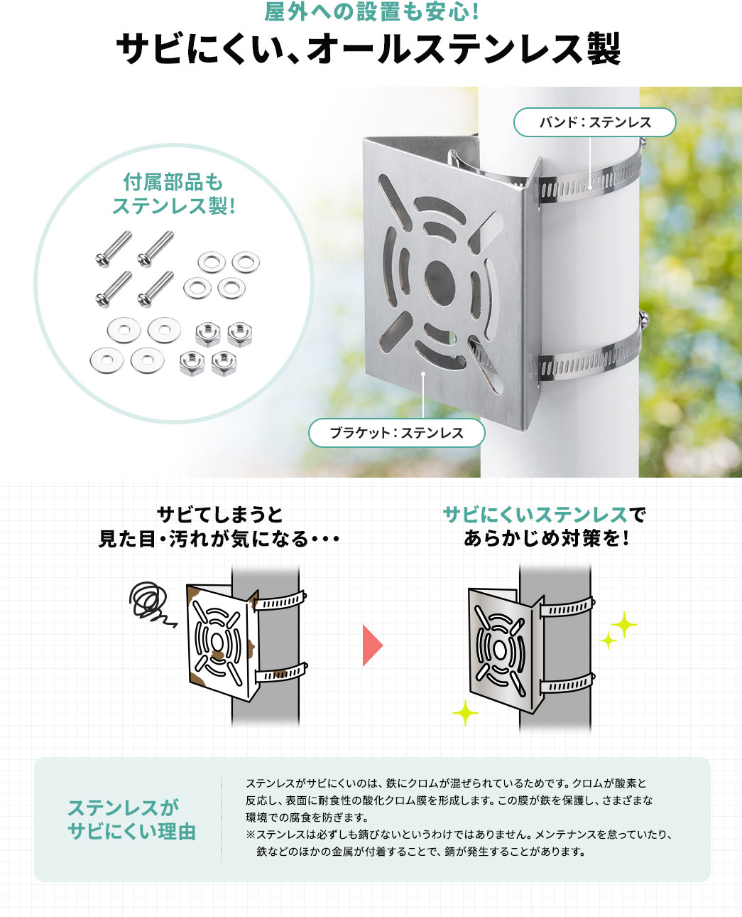 屋外への設置も安心! サビにくい、オールステンレス製