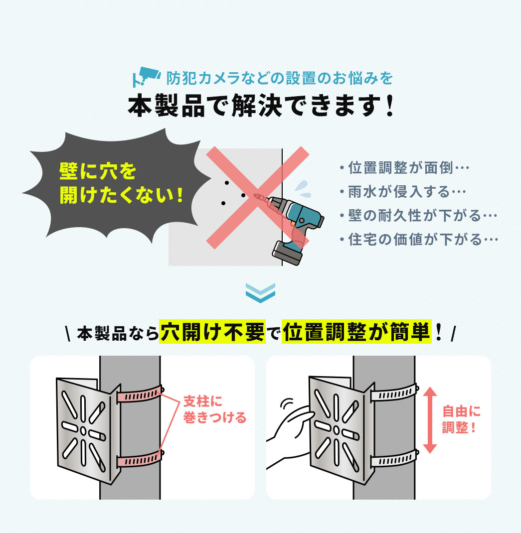 位置調整が面倒、雨水が侵入する、壁に穴を開けたくないなど、防犯カメラなどの設置のお悩みを、本製品で解決できます！本製品なら穴開け不要で、支柱に巻きつけるだけで、位置調整が簡単。