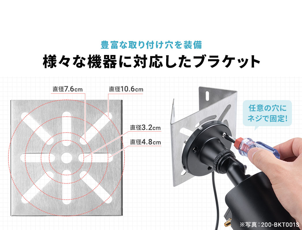 豊富な取り付け穴を装備 様々な機器に対応したブラケット