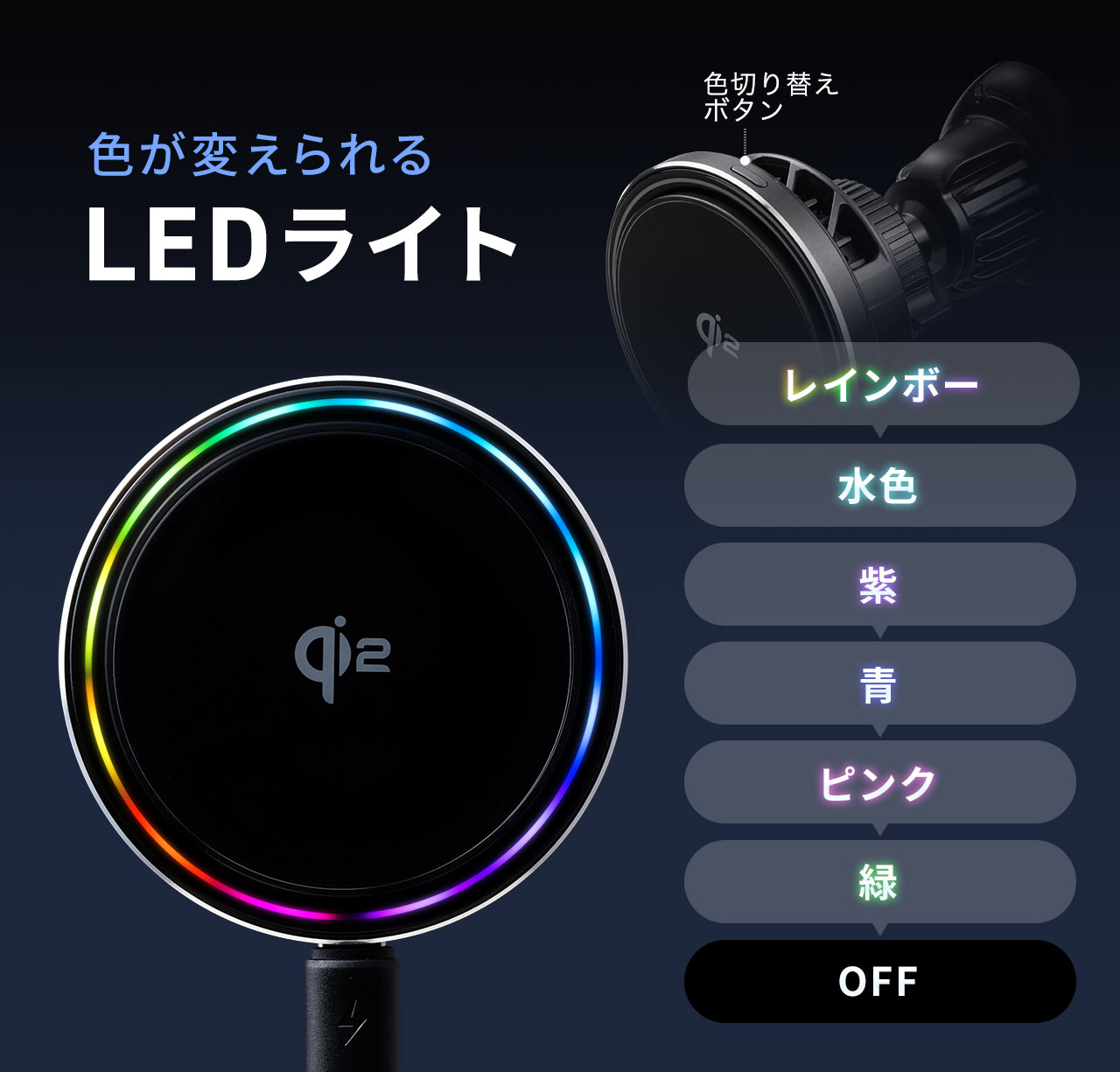 切り替えボタンで、レインボー、水色、紫、青、ピンク、緑などに色が変えられるLEDライト。