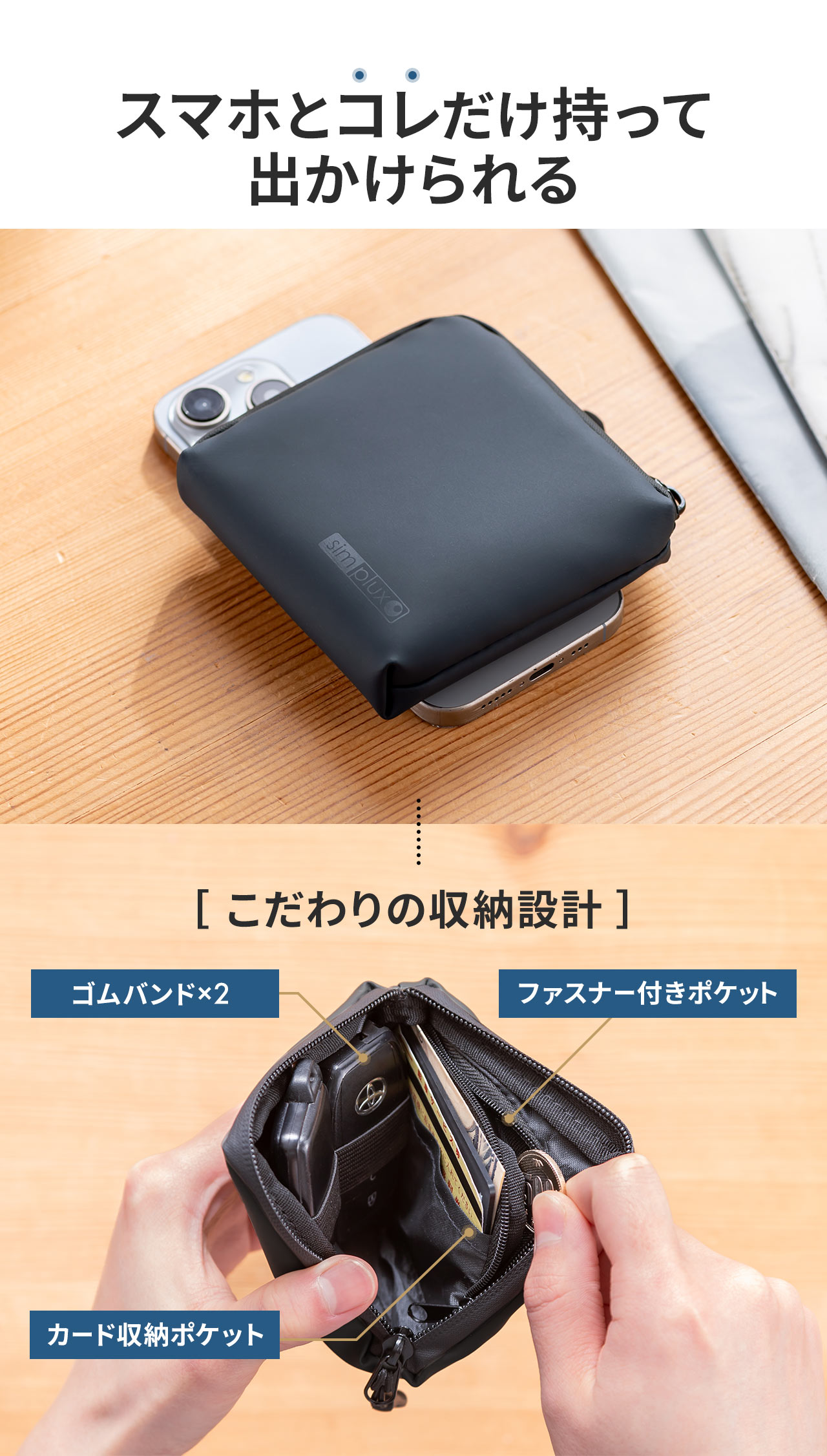 スマホとコレだけ持って出かけられる、こだわりの収納設計でゴムバンド×2、ファスナー付きポケット、カード収納ポケットを備えています。