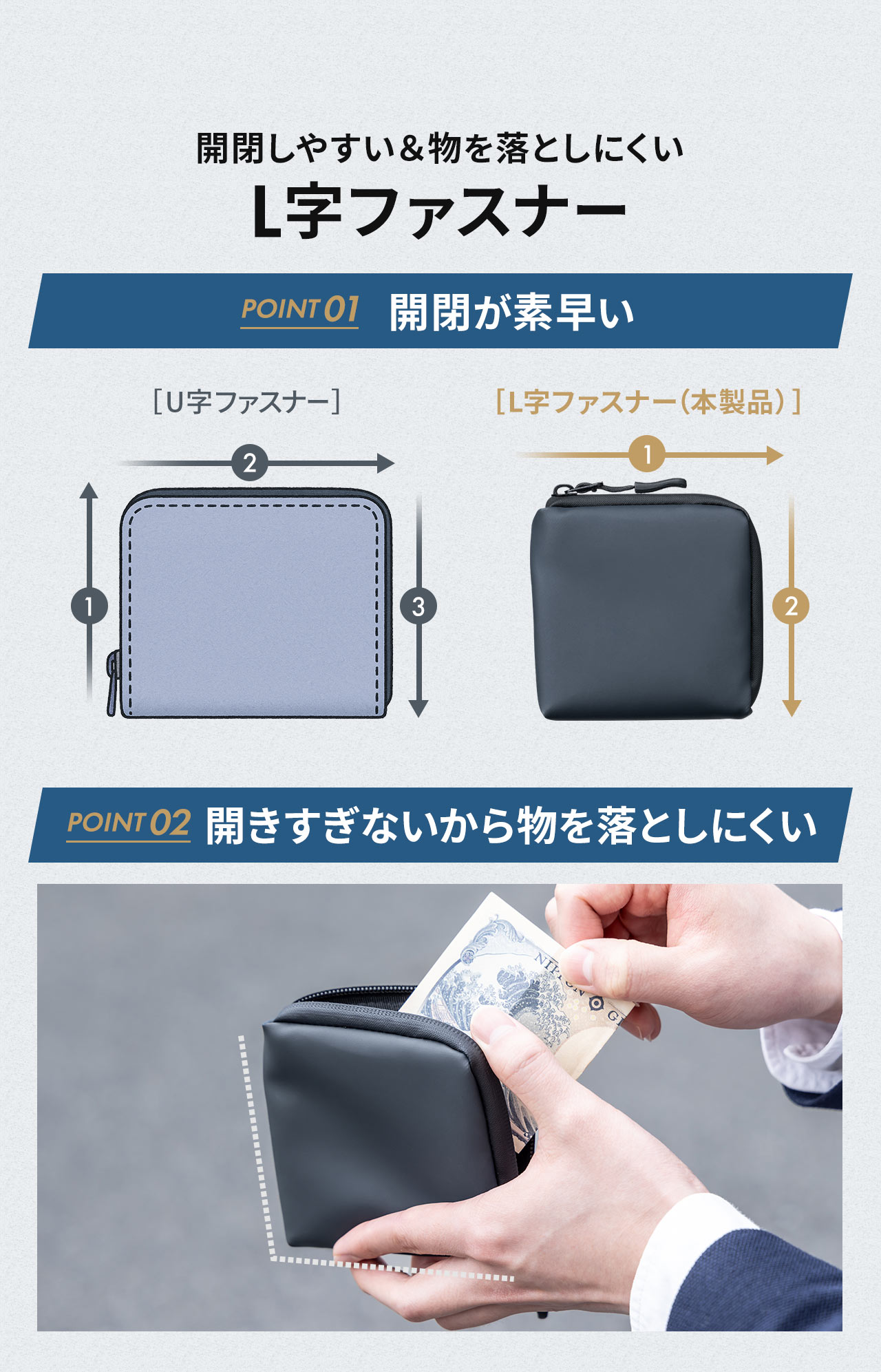 開閉しやすい＆物を落としにくいL字ファスナーなので、U字ファスナーと比べると開閉が素早く、開きすぎないから物を落としにくいです。