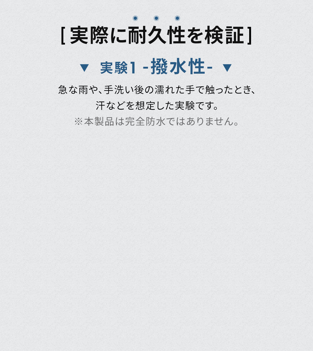 実際に耐久性を検証、実験1-撥水性-急な雨や、手洗い後の濡れた手で触ったとき、汗などを想定した実験です。※本製品は完全防水ではありません。