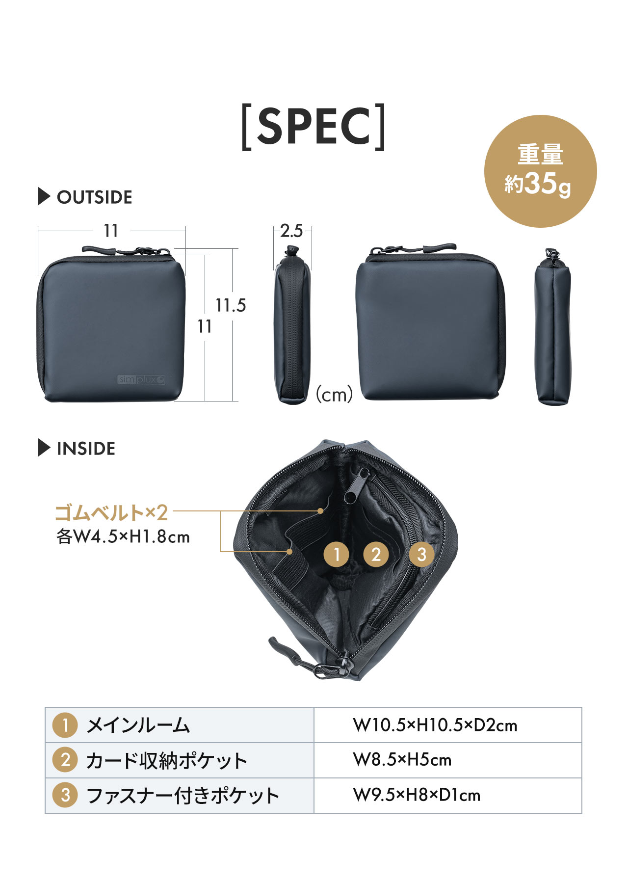 SPEC：OUTSIDEは横幅11cm×高さ11.5cm×厚み2.5cm。INSIDEは幅4.5×高さ1.8cmのゴムベルトを2つ備えており、メインルームは幅10.5×高さ10.5×D2cm、カード収納ポケットは幅8.5×高さ5cm、ファスナー付きポケットは幅9.5×高さ8×奥行き1cmです。