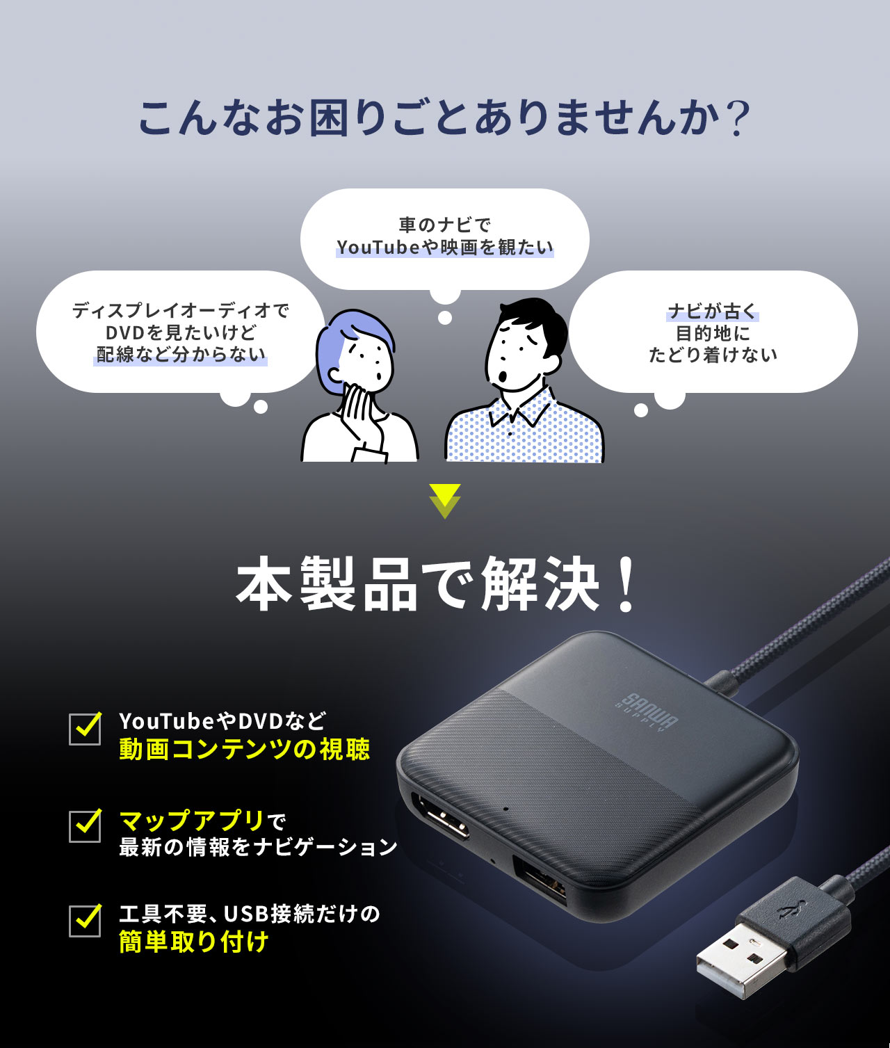 本製品は、YouTubeやDVDなどの動画視聴やマップアプリによる最新情報のナビゲーションが可能で、工具不要・USB接続だけで簡単に取り付けられるため、カーナビに関するお悩みを解決します。