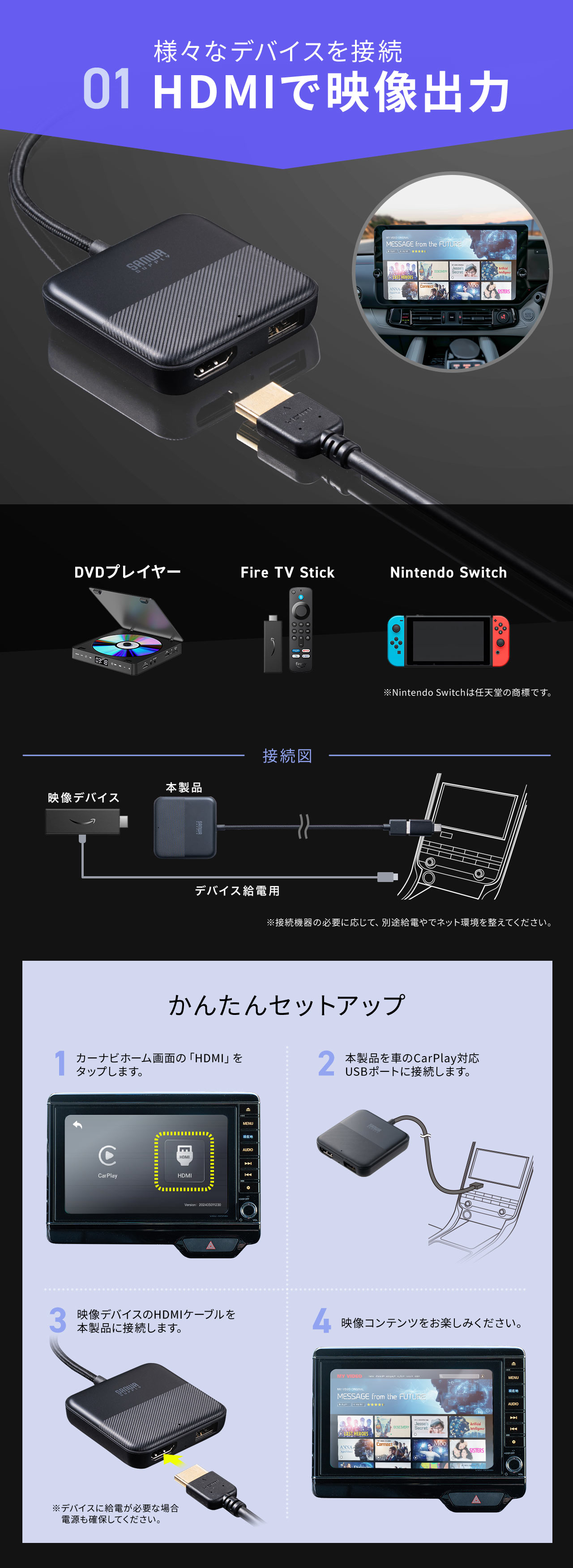 HDMIで映像出力できるのでDVDプレイヤーやFire TV Stick、Nintendo Switchなど様々なデバイスを接続可能！セットアップはカーナビのホーム画面で「HDMI」をタップし、本製品を車のUSBポートに接続するだけで、かんたんに映像コンテンツをお楽しみいただけます。