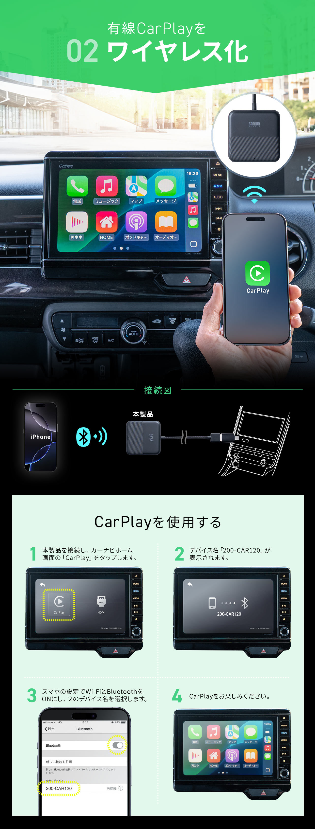 有線CarPlayをワイヤレス化。CarPlayを使用する手順は、本製品を接続後、カーナビのホーム画面で「CarPlay」をタップし、表示されたデバイス名「200-CAR120」をスマホのWi-FiとBluetoothをオンにした状態で選択することで接続できます。