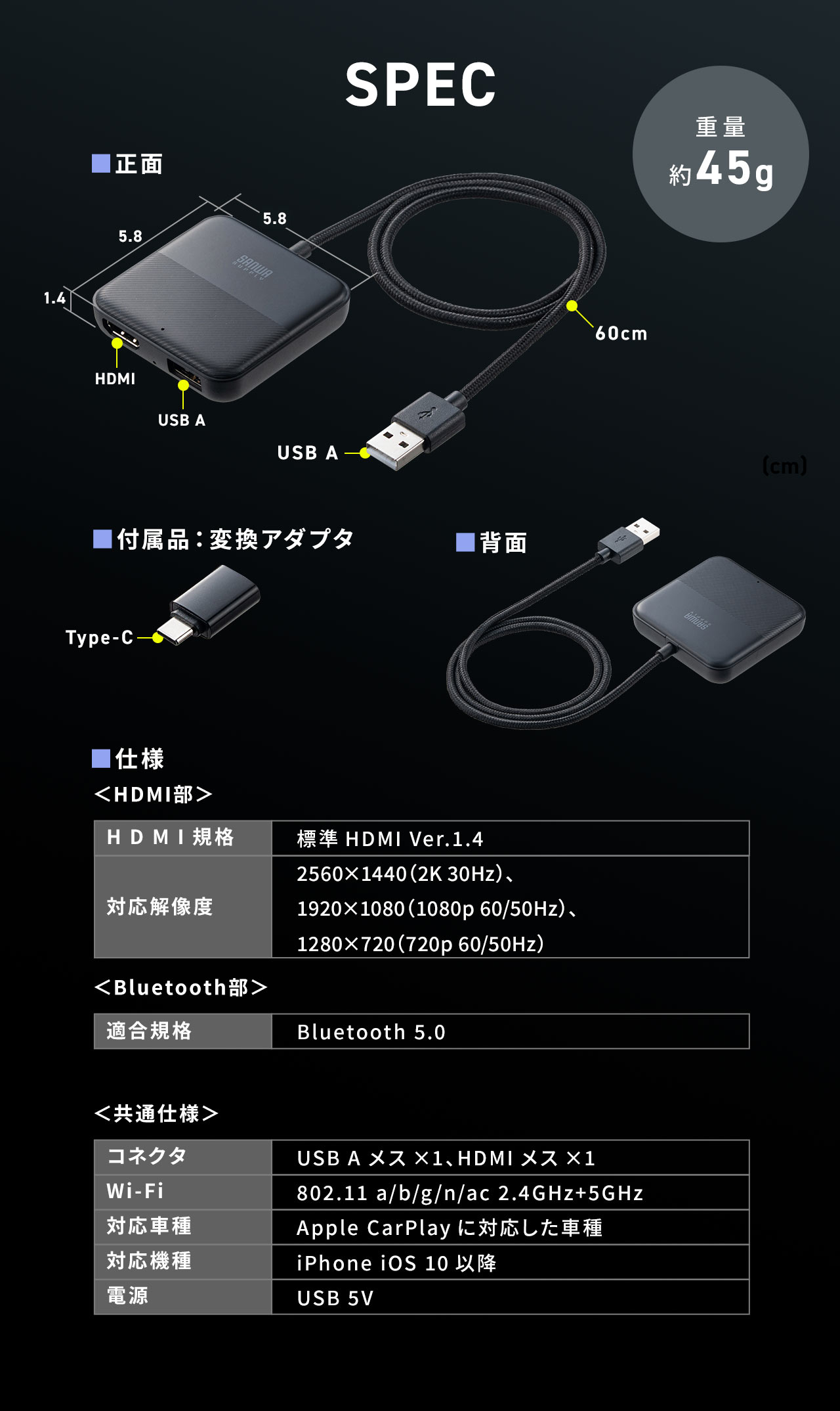 SPEC：本体サイズは縦横5.8cmで厚みが1.4cm、ケーブル長60cmで重量は約45g。HDMI規格は標準HDMI Ver.1.4。Bluetooth適合規格はBluetooth 5.0。802.11 a/b/g/n/ac（2.4GHz＋5GHz）対応のWi-Fiを搭載し、Apple CarPlay対応車種およびiOS 10以降のiPhoneに対応しています（電源：USB 5V）。