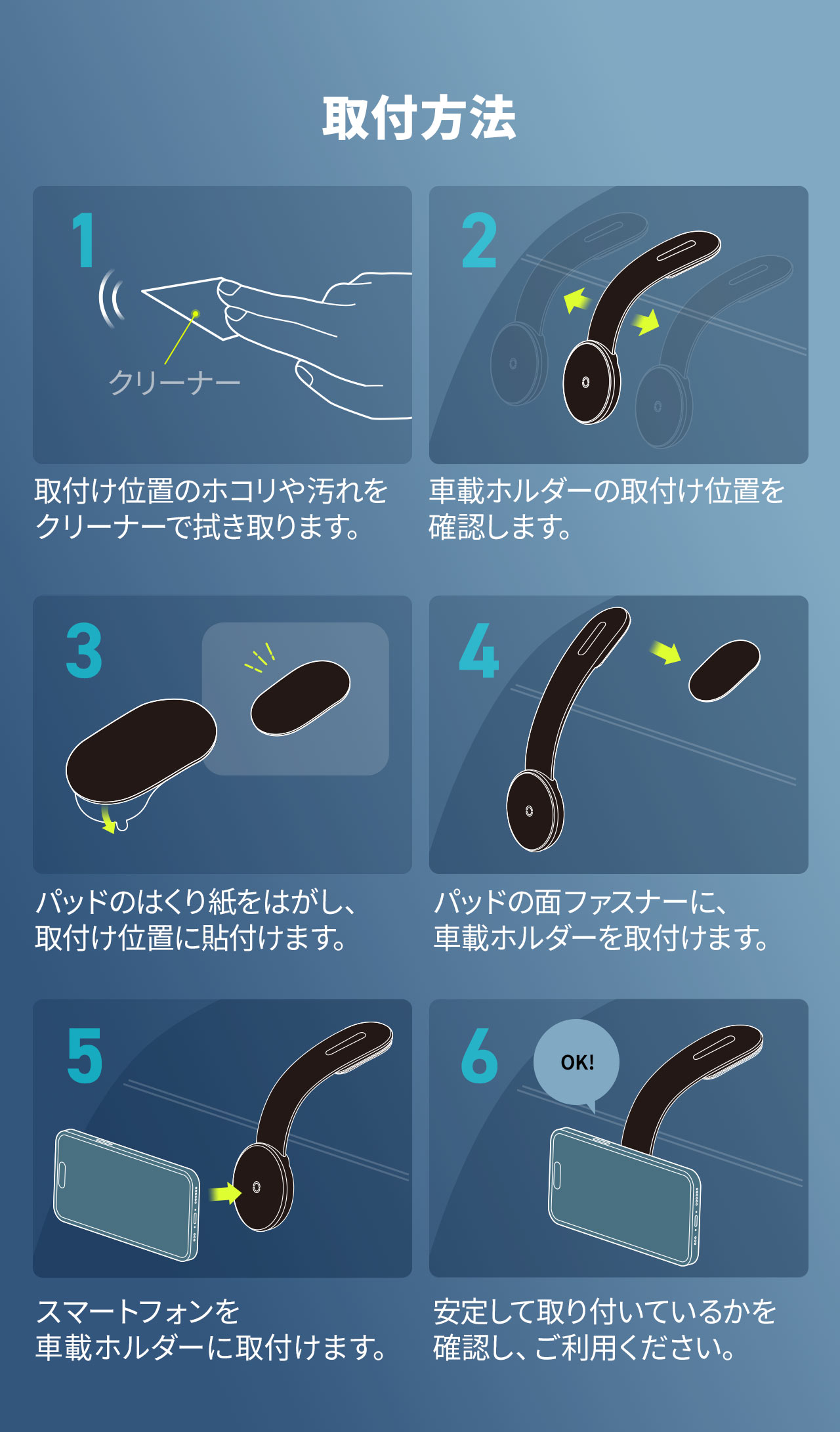 取付方法は以下です。取付け位置のホコリや汚れを拭き取り、位置を確認してからパッドのはくり紙をはがし、取付け位置に貼付けます。パッドの面ファスナーに、車載ホルダーを取付けて、スマートフォンを車載ホルダーに取付けます。安定して取り付いているかを確認し、ご利用ください。