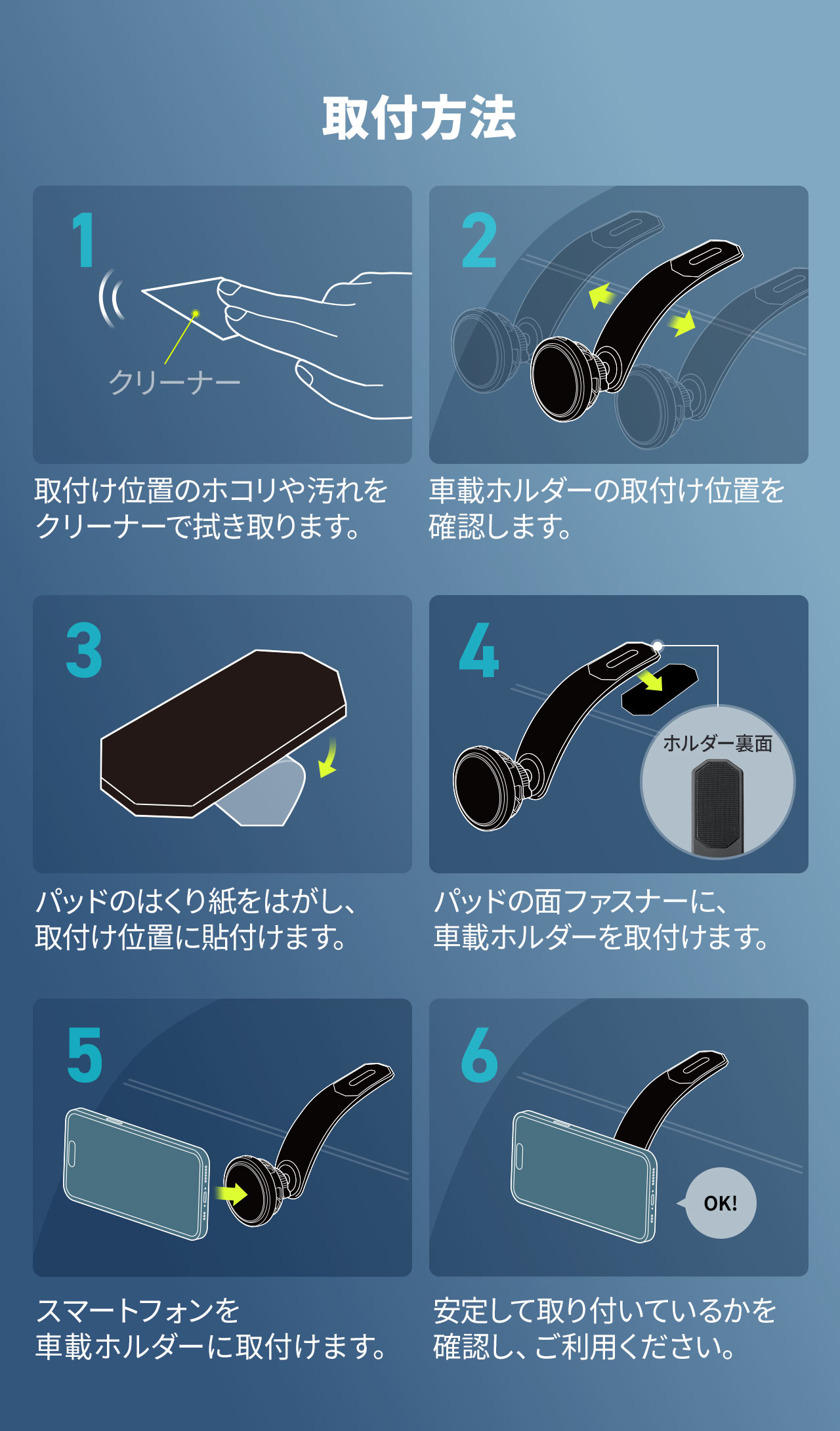 取付ける前に、まず取付位置のホコリや汚れをクリーナーで拭き取ってください。次に、車載ホルダーの取付位置を確認し、パッドのはくり紙をはがして取付位置に貼り付けます。その後、パッドの面ファスナーに車載ホルダーを取り付け、スマートフォンを装着してください。最後に、しっかりと固定されていることを確認してからご利用ください。