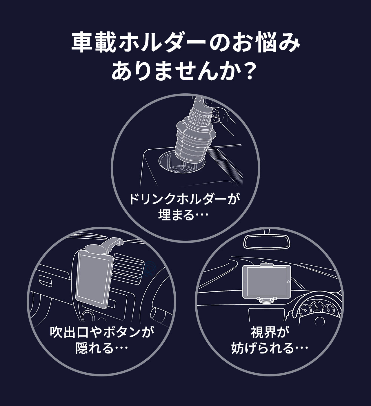 ドリンクホルダーが埋まる、吹出口やボタンが隠れる、視界が妨げられるなど、車載ホルダーのお悩みありませんか？