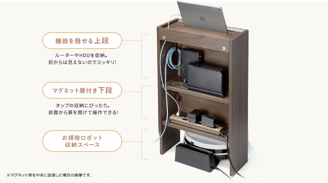 機器を隠せる上段。マグネット扉付き下段。お掃除ロボット収納スペース