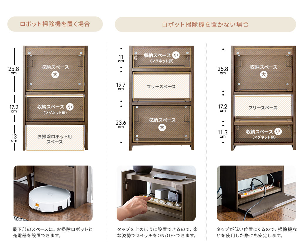 ロボット掃除機を置く場合、ロボット掃除機を置かない場合