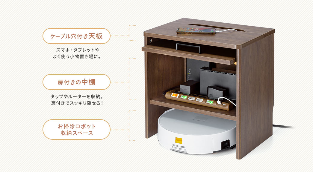 ケーブル穴付き天板。扉付きの中棚。お掃除ロボット収納スペース