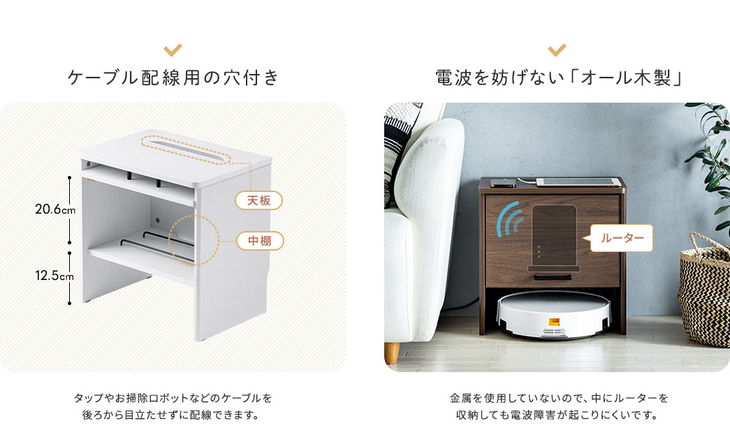 ケーブル配線用の穴付き。電波を妨げない「オール木製」