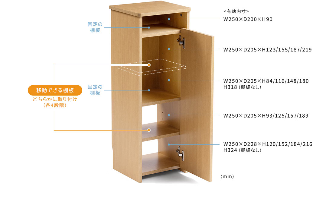 移動できる棚板 固定の棚板