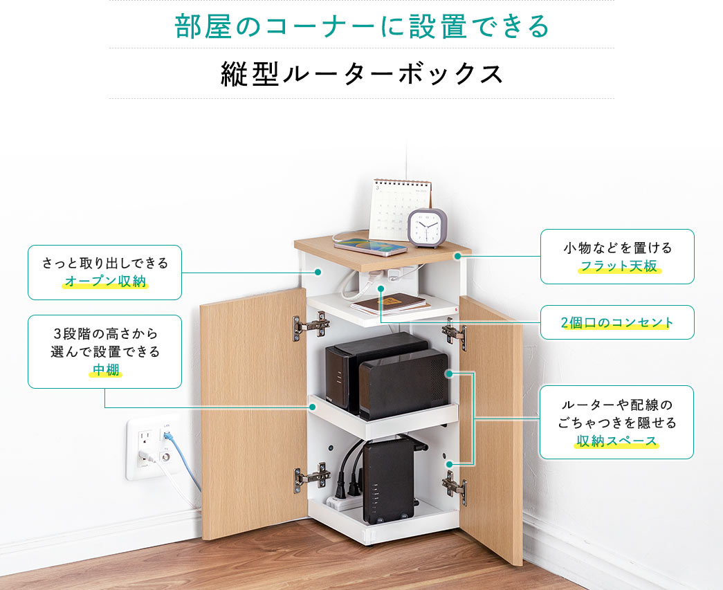 部屋のコーナーに設置できる縦型ルーターボックス