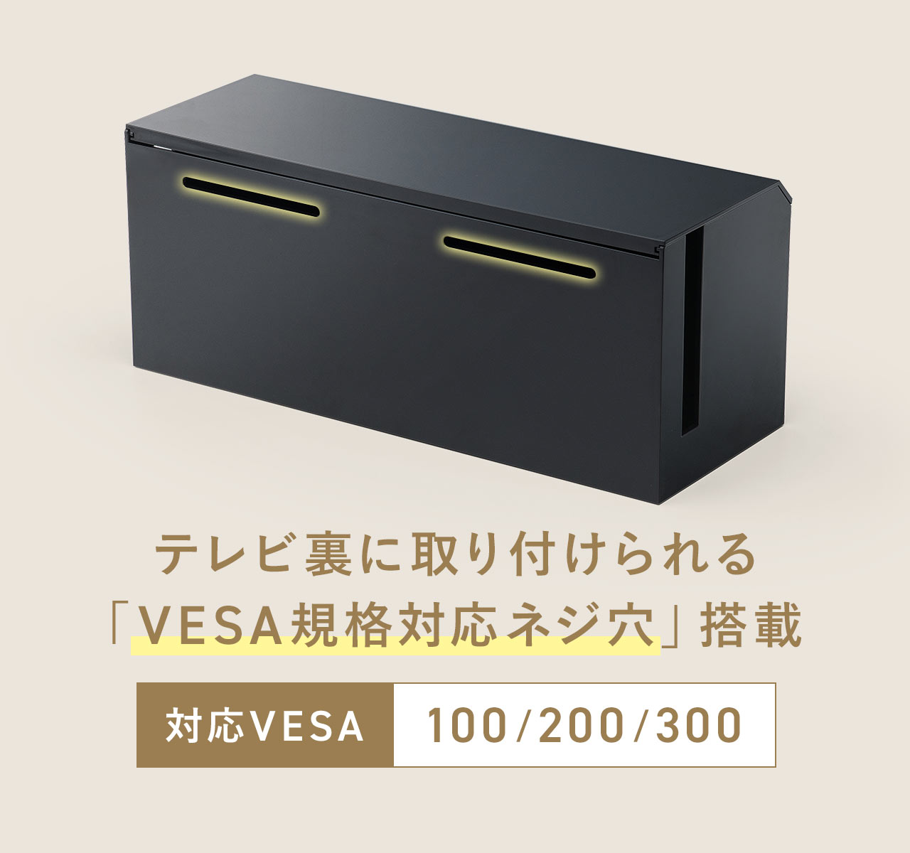 テレビ裏に取り付けられる、「VESA規格対応ネジ穴」搭載。対応VESA、100、200、300。