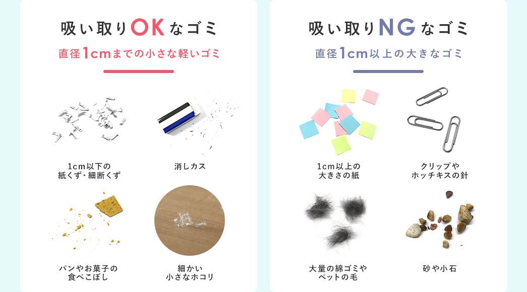 吸い取りOKなゴミ、直径1cmまでの小さな軽いゴミ、1cm以下の小さな紙くず、消しゴムや鉛筆の削りカス、パンやお菓子の食べこぼし、細かい小さなホコリなど、吸い取りNGなゴミ、直径1cm以上の大きなゴミ、1cm以上の大きさの紙、クリップやホッチキスの針、大量の綿ゴミやペットの毛、砂や小石など。