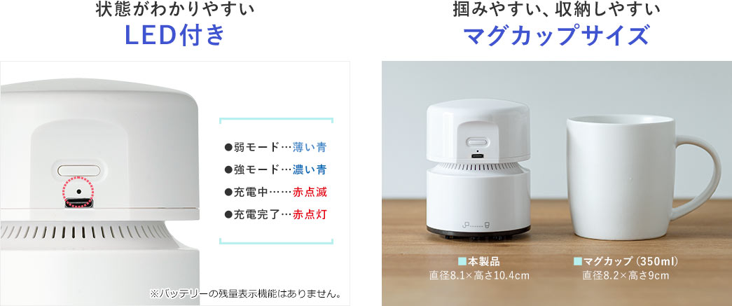 状態がわかりやすいLED付き。弱モード、薄い青、強モード、濃い青、充電中、赤点滅、充電完了、赤点灯。掴みやすい、収納しやすいマグカップサイズ。