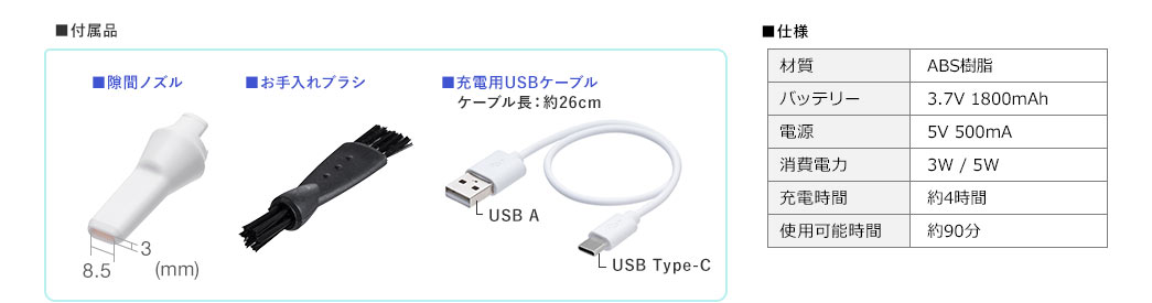 付属品、隙間ノズル、お手入れブラシ、充電用USBケーブル、ケーブル長約26cm。仕様、材質、ABS樹脂、バッテリー、3.7V 1800mAh、電源、5V 500mA、消費電力、3W/5W、充電時間、約4時間、使用可能時間、約90分。