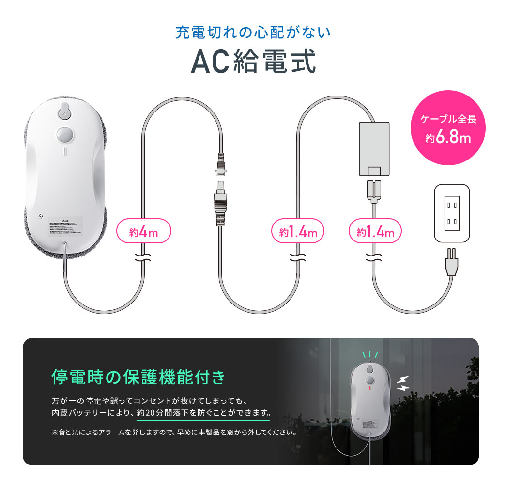 充電切れの心配がない AC給電式