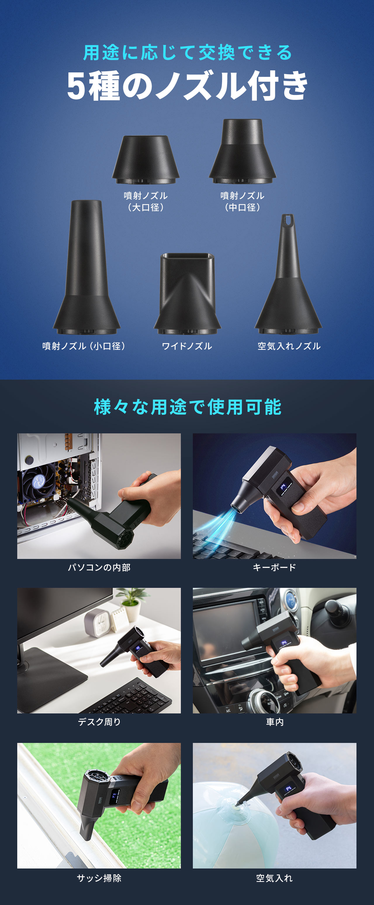 大口径、中口径、小口径の噴射ノズル、ワイドノズル、空気入れノズルの5種類のノズルを、用途に応じて交換できます。パソコンの内部、キーボード、車内の掃除など、様々な用途で使用可能です。