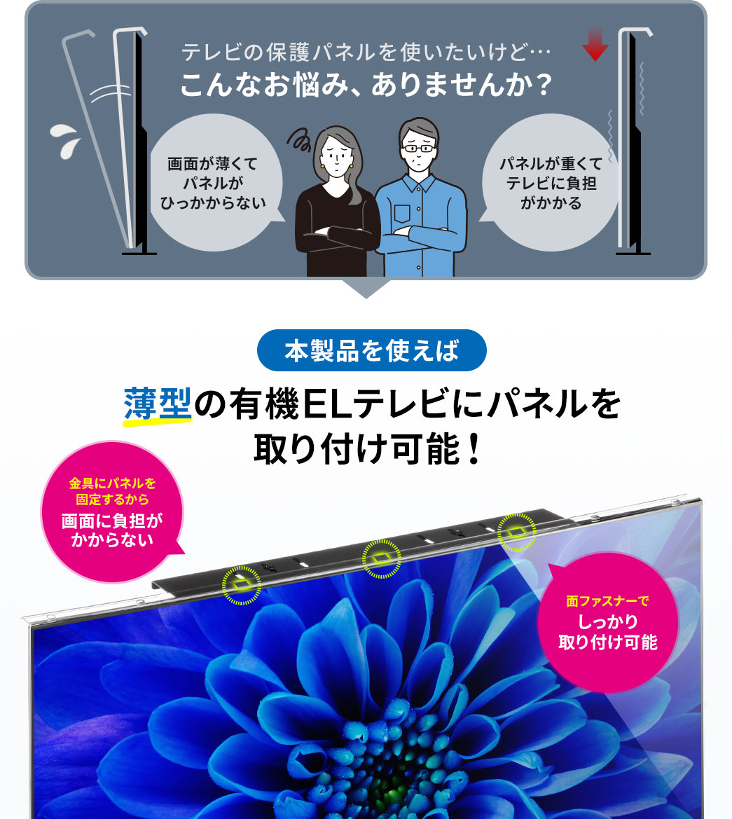 薄型テレビで画面保護パネルを使いたいけど…こんなお悩み、ありませんか? 本製品を使えば薄型の有機ELテレビにパネルを取り付け可能!