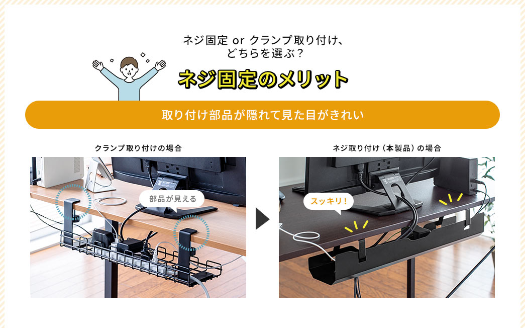 ネジ固定のメリット 取り付け部分が隠れて見た目がきれい