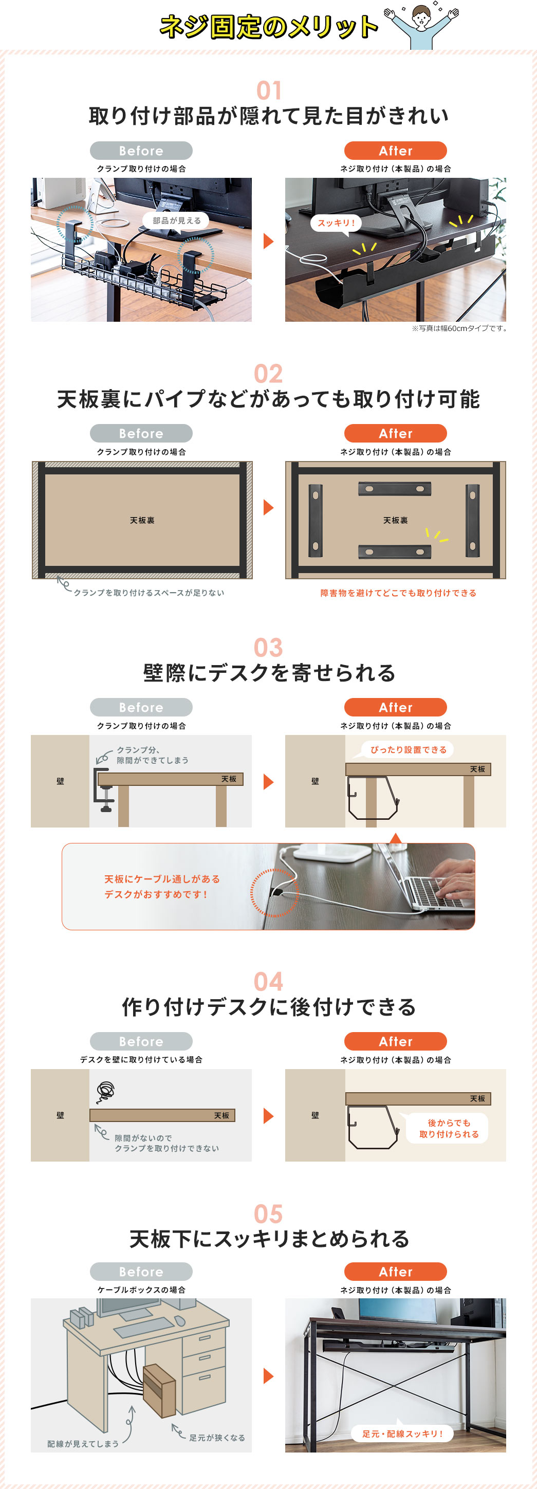 ネジ固定のメリット 01取り付け部品が隠れて見た目がきれい 02天板裏にパイプなどがあっても取り付け可能 03壁際にデスクを寄せられる 04作り付けデスクに後付けできる 05天板下にスッキリまとめられる 