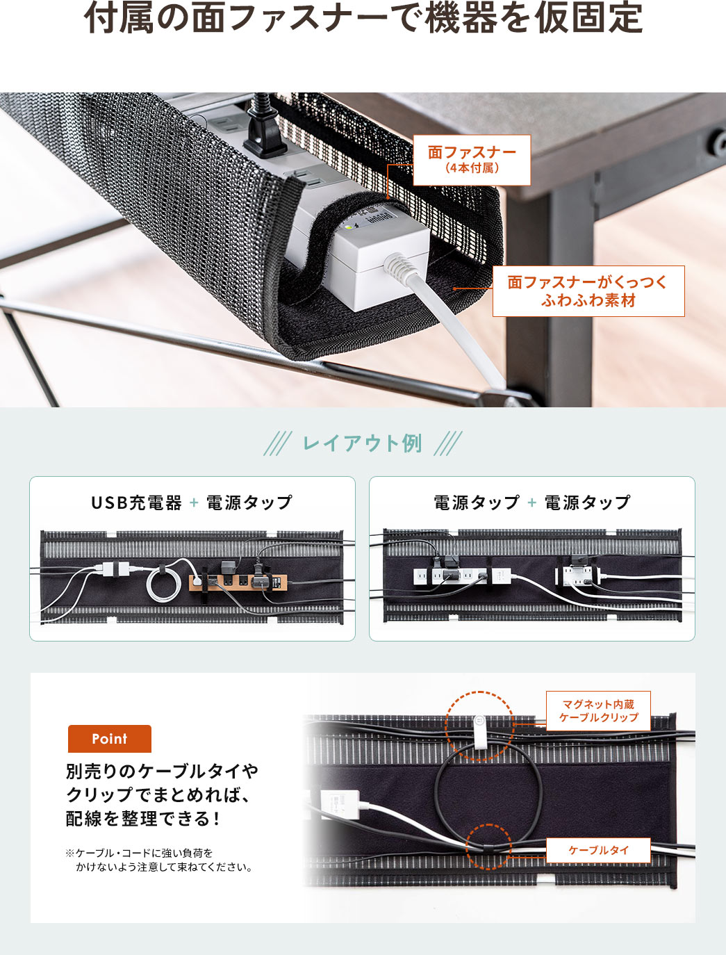 付属の面ファスナーで機器を固定 レイアウト例 別売りのケーブルタイやクリップでまとめれば、配線を整理できる！