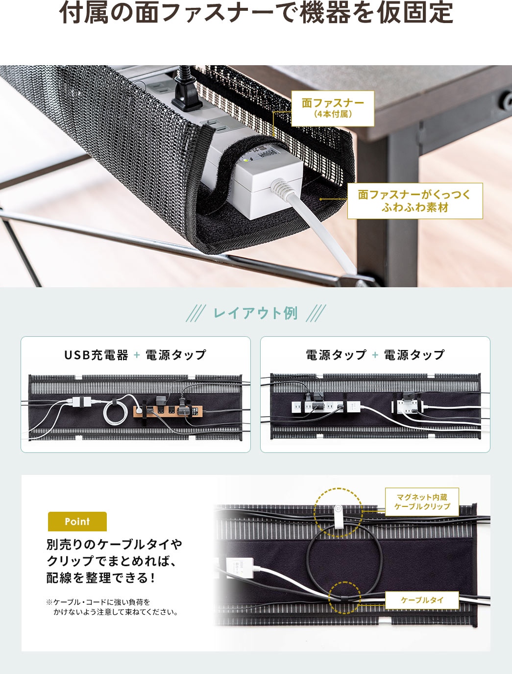 付属の面ファスナーで機器を固定 レイアウト例 別売りのケーブルタイやクリップでまとめれば、配線を整理できる!