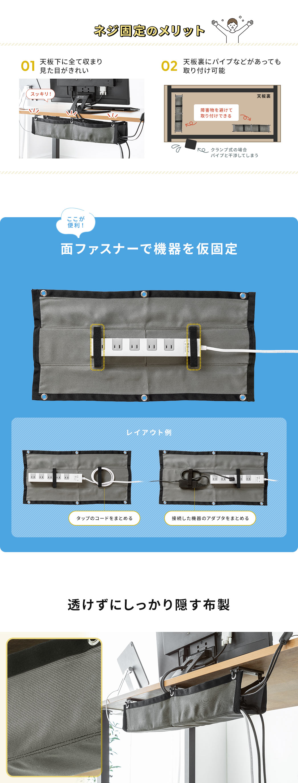 ネジ固定のメリット 面ファスナーで機器を仮固定