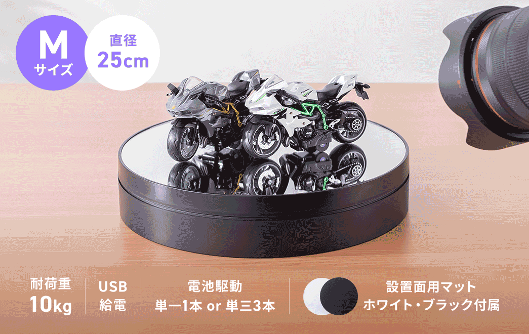 直径26cmのMサイズで耐荷重10kg。USB給電と電池駆動に対応しており、設置面用マット（ブラック・ホワイト）を付属しています。