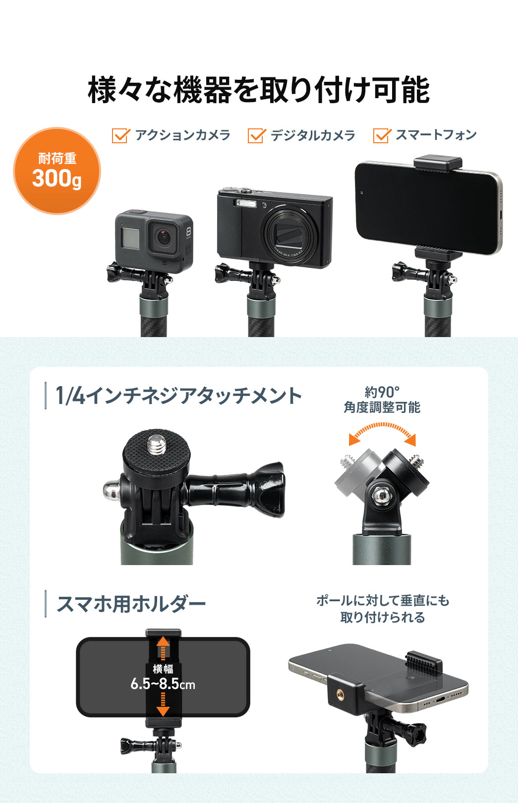 耐荷重300g、アクションカメラ、デジタルカメラ、スマートフォンなど、様々な機器の取り付けが可能です。1/4インチネジアタッチメントで、約90°の角度調整が可能。ポールに対して垂直に取り付けられる、スマホ用ホルダーを付属しています。