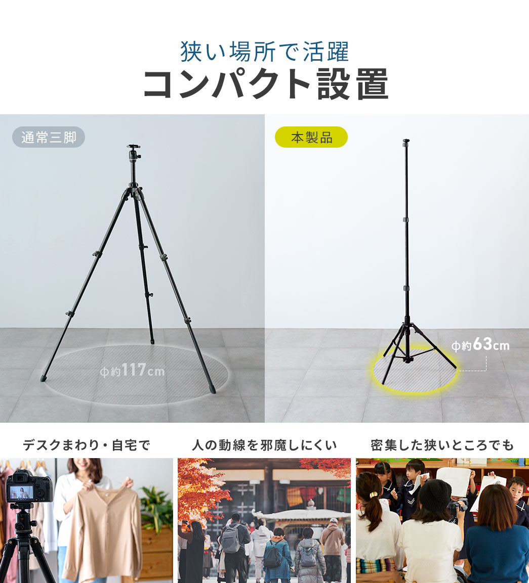 狭い場所で活躍するコンパクト設置。デスクまわりや自宅など、人の動線を邪魔しにくいので、密集した狭いところでのご使用も最適です。