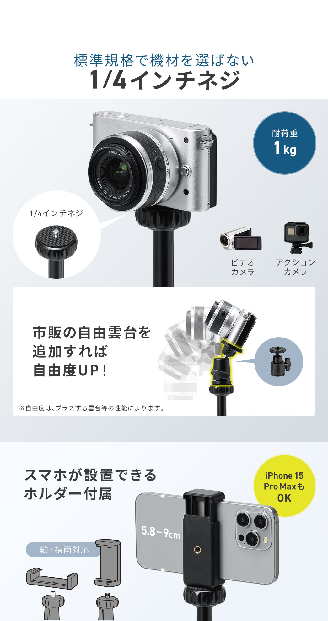 標準規格で機材を選ばない、1/4インチネジ。市販の自由雲台を追加すれば、さらに自由度UP！また、スマホが設置できるホルダーを付属しているので、縦・横両対応で、iPhone 15 Pro Maxなどにも対応します。
