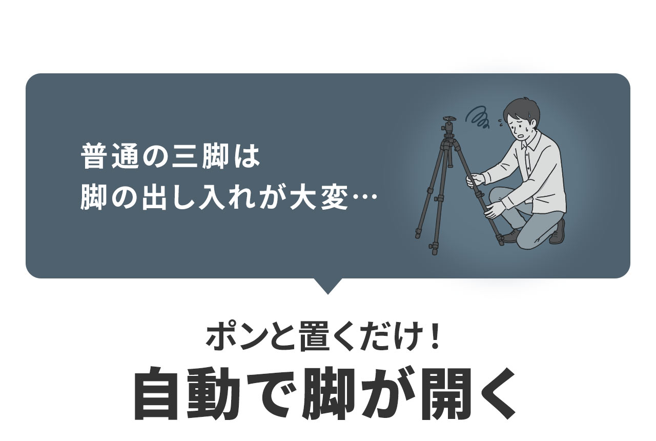 普通の三脚は脚の出し入れが大変…ポンと置くだけ!自動で脚が開く。