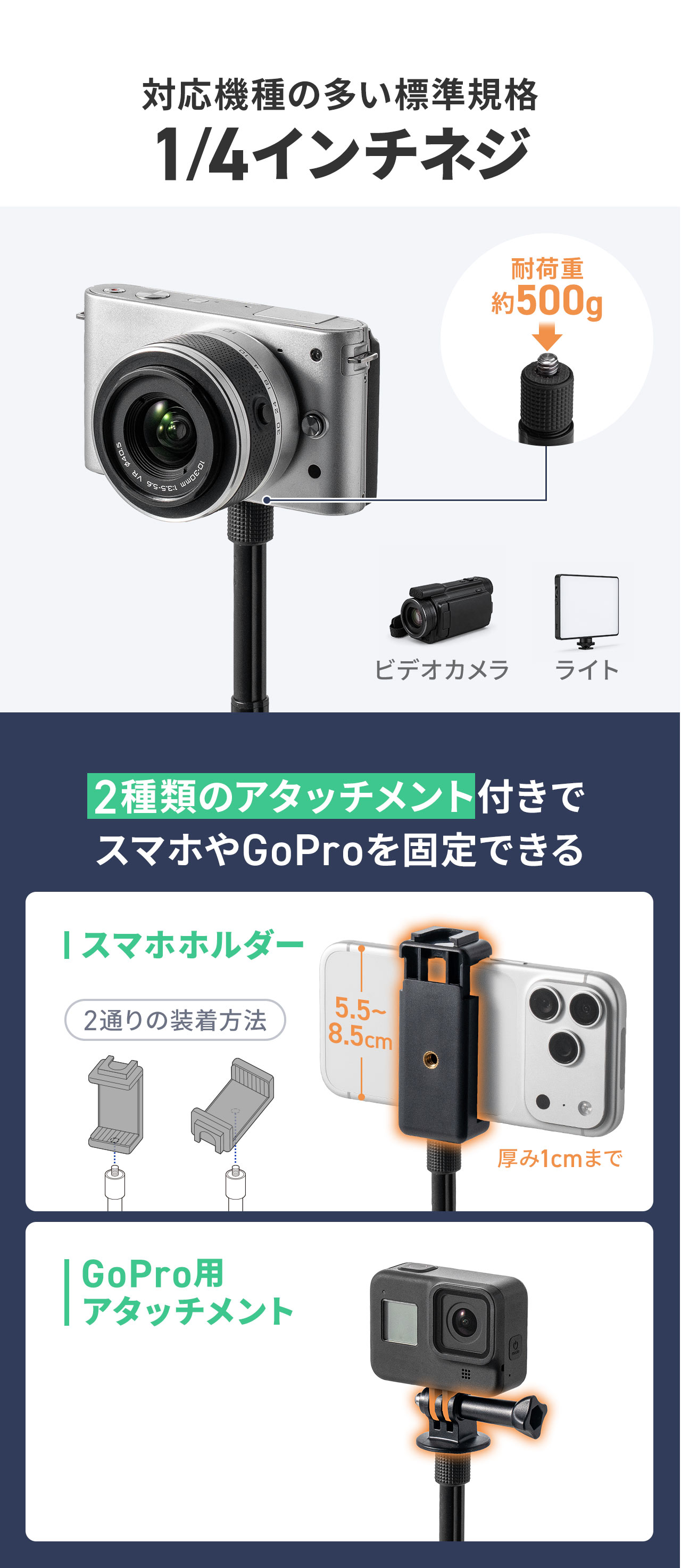 対応機種の多い標準規格1/4インチネジ。2種類のアタッチメント付きでスマホやGoProを固定できる。