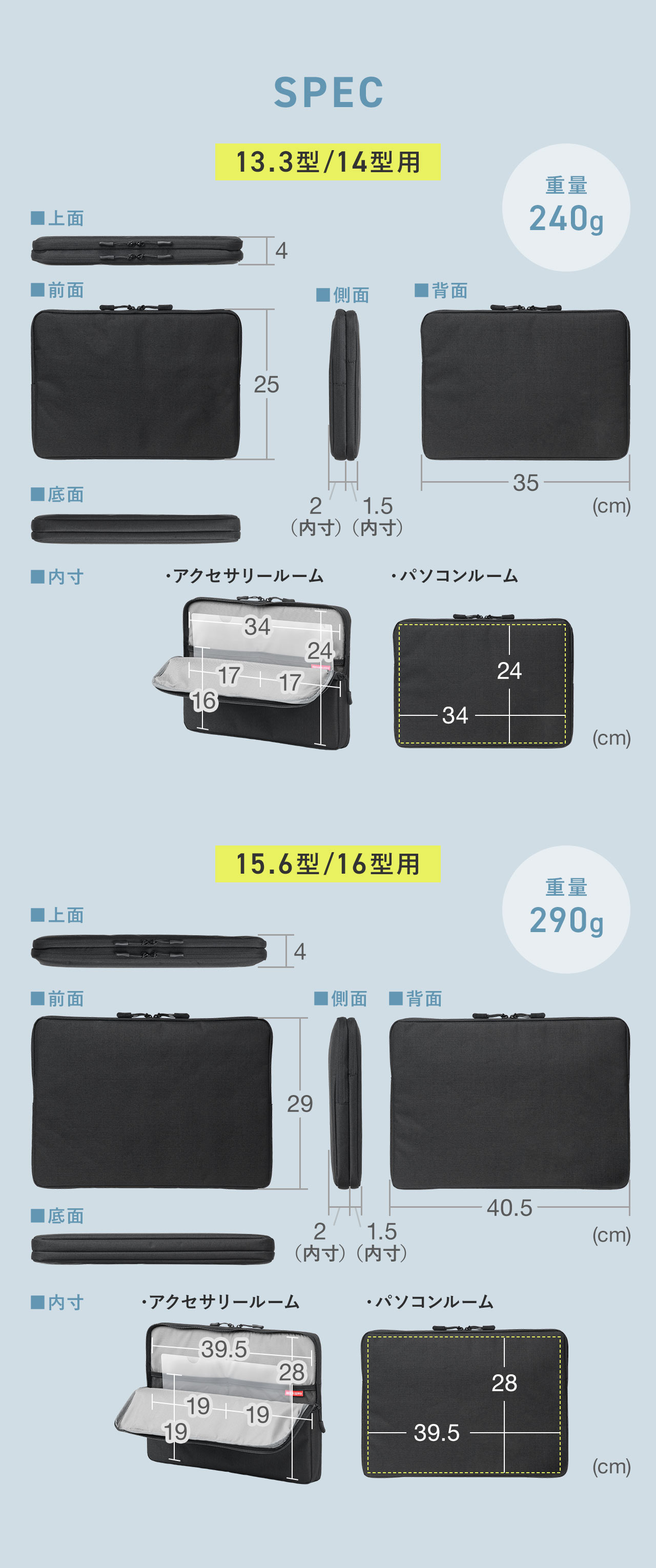 SPEC：13.3型、14型対応タイプは幅35cm×奥行き4cm×高さ25cm、重量240g。15.6型、16型対応タイプは幅40.5cm×奥行き4cm×高さ29cm、重量290gです。