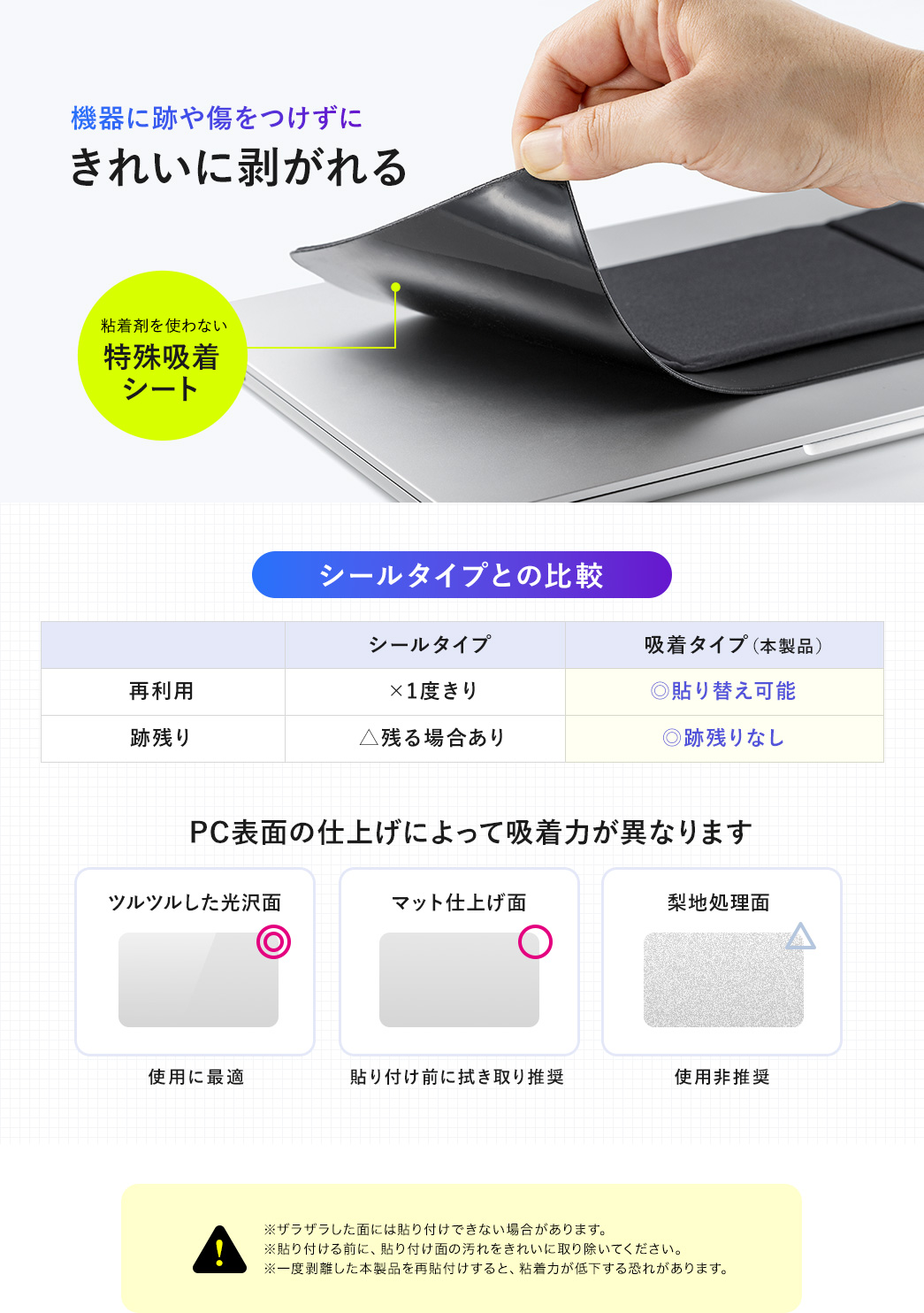 粘着剤を使わない特殊吸着シートだから機器に跡や傷をつけずにきれいに剥がせます。PC表面の仕上げによって吸着力がことなり本製品はツルツルした光沢面での使用に最適です。