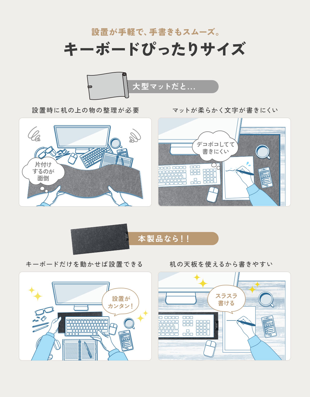 本製品ならキーボードだけを動かせば設置でき、机の天板を使えるから書きやすい