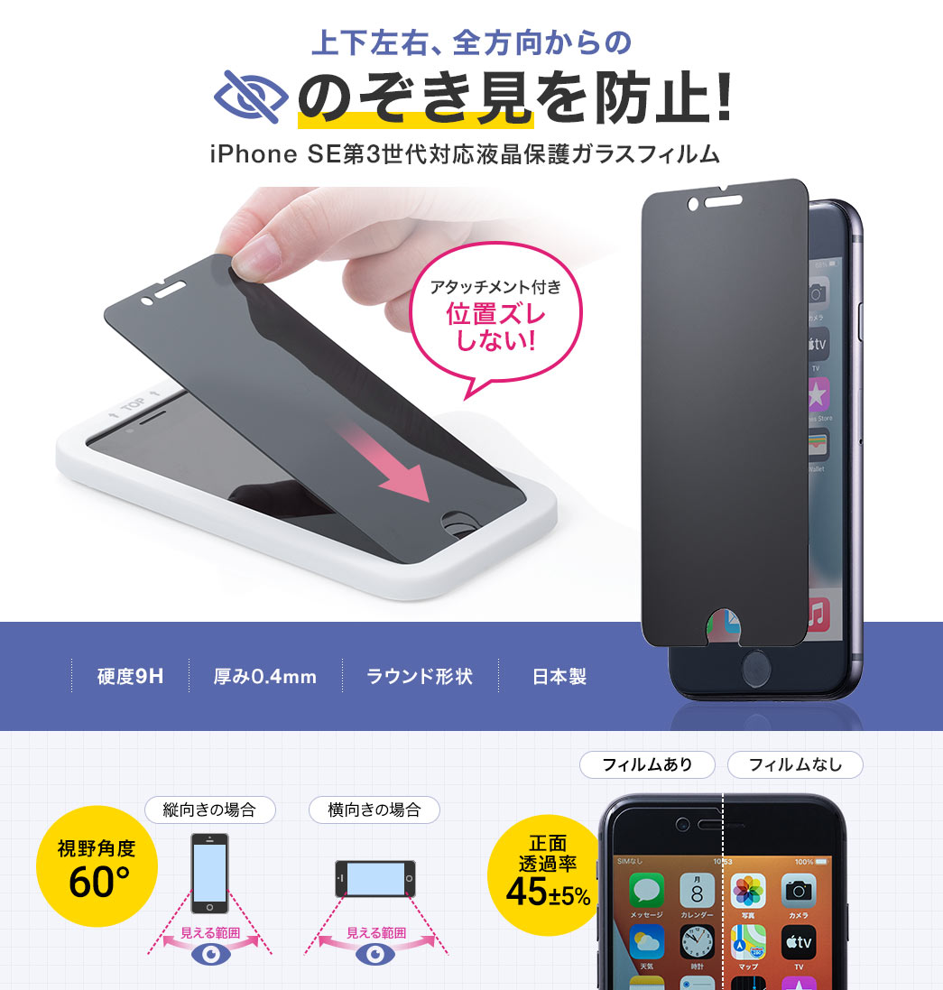 上下左右、全方向からののぞき見を防止! iPhone SE第3世代対応液晶保護ガラスフィルム